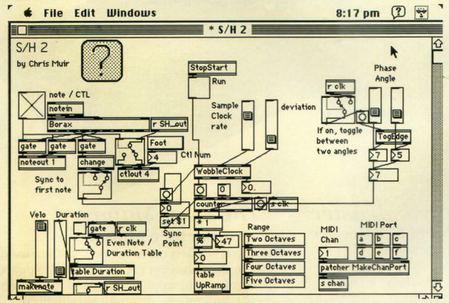 A vintage computer screen displays a complex graphical interface for music software, showing interconnected modules, sliders, buttons, and text boxes labeled with terms like “Sample Clock,” “WobbleClock,” “Range,” and “gate.”.