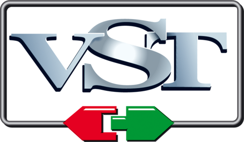 Logo with large metallic letters VST inside a rectangular border. Below the letters are a red left-facing arrow and a green right-facing arrow connected at their points.