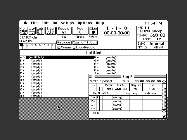A vintage computer screen of MacMIDI displays a black-and-white MIDI sequencer interface with various buttons, menus, and track lists, resembling an early Apple Macintosh operating system. A cursor is visible on the screen.
