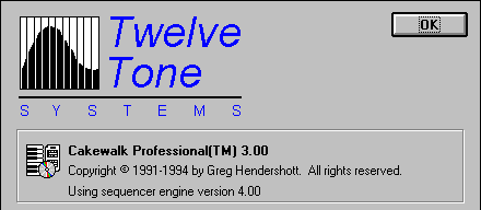 A software splash screen for Cakewalk Professional 3.00 by Twelve Tone Systems, showing a logo with a black curve, text, an OK button, and copyright info. A floppy disk icon appears beside the software details.