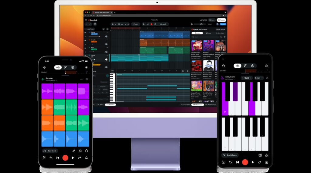 A desktop computer and two smartphones display a music production application, showing a sequencer, sound pads, and a virtual keyboard on their screens.