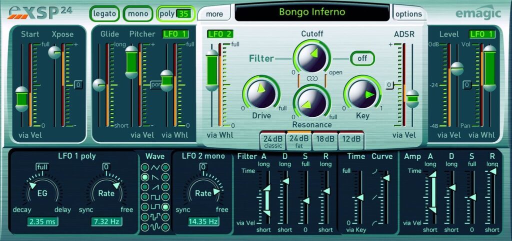 A digital synthesizer interface with various dials, sliders, and buttons labeled for filter, resonance, ADSR, LFO, cutoff, drive, and key, displaying the preset name “Bongo Inferno” at the top center.