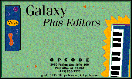 Business card-style image for Galaxy Plus Editors by Opcode, featuring stylized graphics of a keyboard and colorful abstract shapes, with contact info: 3950 Fabian Way Suite 100, Palo Alto, CA, and phone number (415) 856-3333.
