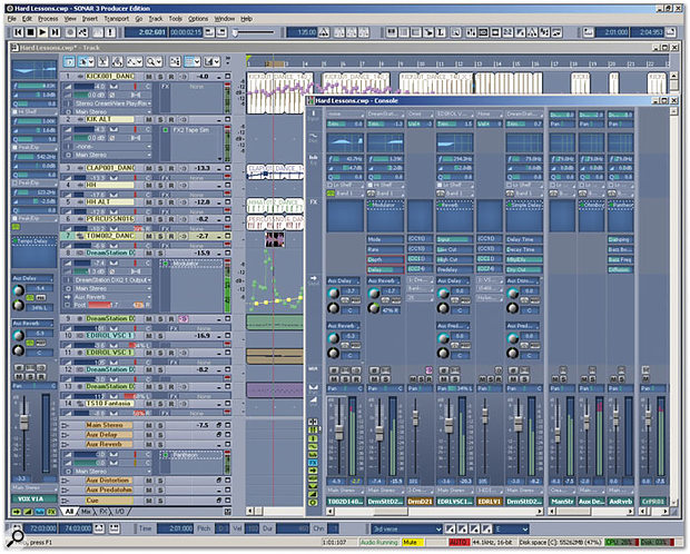 A computer screen displays a digital audio workstation with multiple audio tracks, waveforms, and a detailed mixer panel, showing faders, effects, and channel settings for music production.