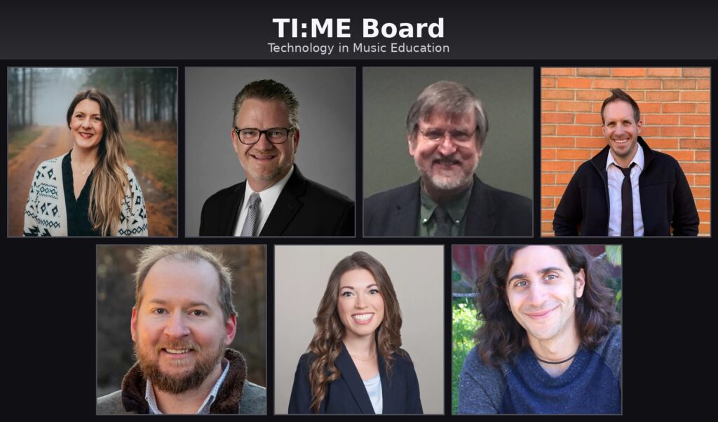 A group photo collage of seven TI:ME Board members, each in individual portrait shots, set against a black background with the text TI:ME Board Technology in Music Education at the top.