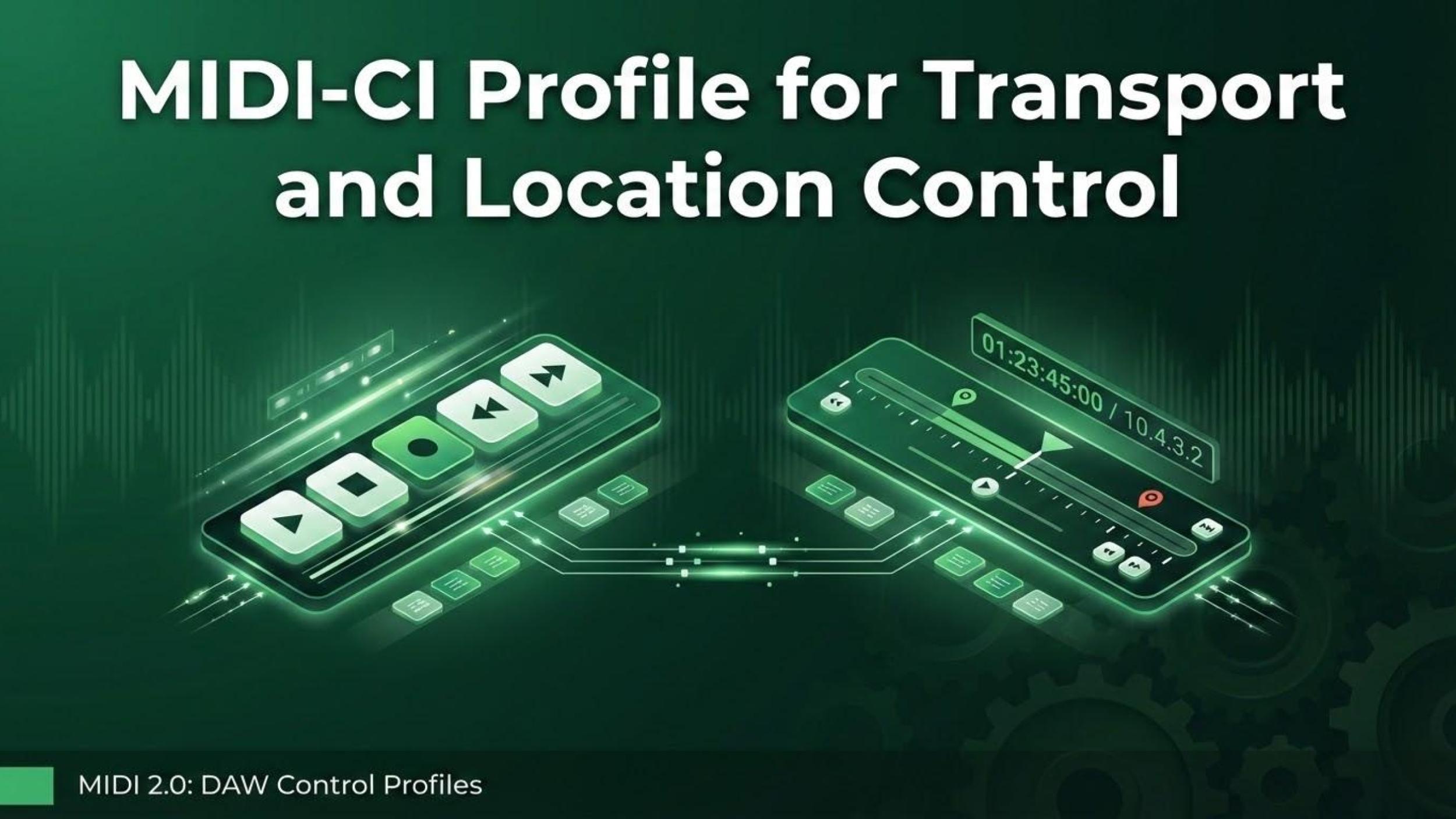 A digital graphic titled MIDI-CI Profile for Transport and Location Control shows stylized transport controls and a digital timeline, highlighting MIDI 2.0 DAW control profiles. The background is dark green with sound wave patterns.