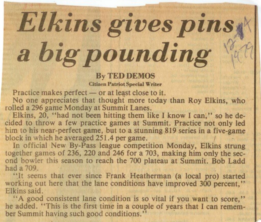 A newspaper clipping titled Elkins gives pins a big pounding features an article about Roy Elkins scoring a 296 game and an 819 series in bowling at Summit Lanes, exceeding his average of 251.4. Handwritten notes mark the date.