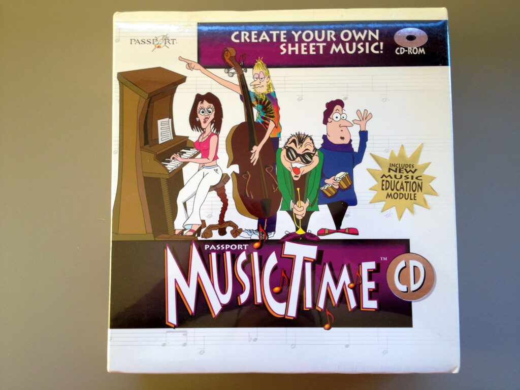 Cartoon illustration of three musicians—a woman at a piano, a man playing double bass, and another man conducting—on the box cover for Passport MusicTime CD with text promoting sheet music creation.