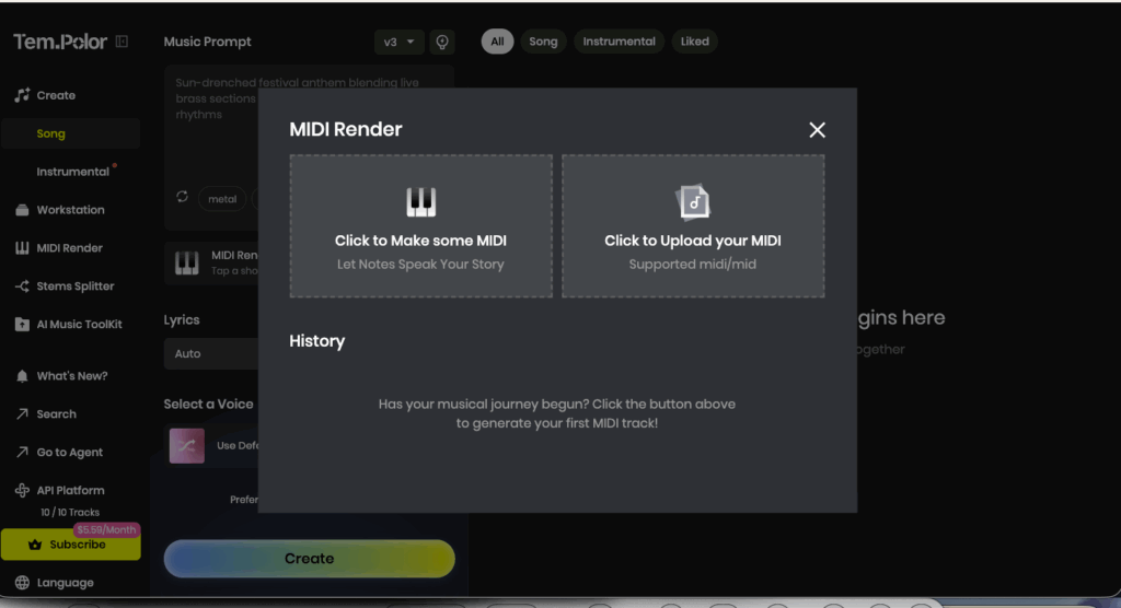 A pop-up window on a dark interface labeled MIDI Render offers two options: Click to Make some MIDI and Click to Upload your MIDI. Below, a message says no MIDI history exists yet. The screen background is partially visible.