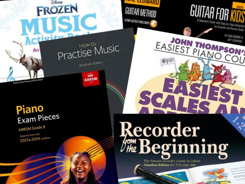 A collage of various music book covers, including titles for piano, recorder, guitar, and Disney’s Frozen. The covers feature colorful text, images of instruments, and illustrations appealing to children and beginners.
