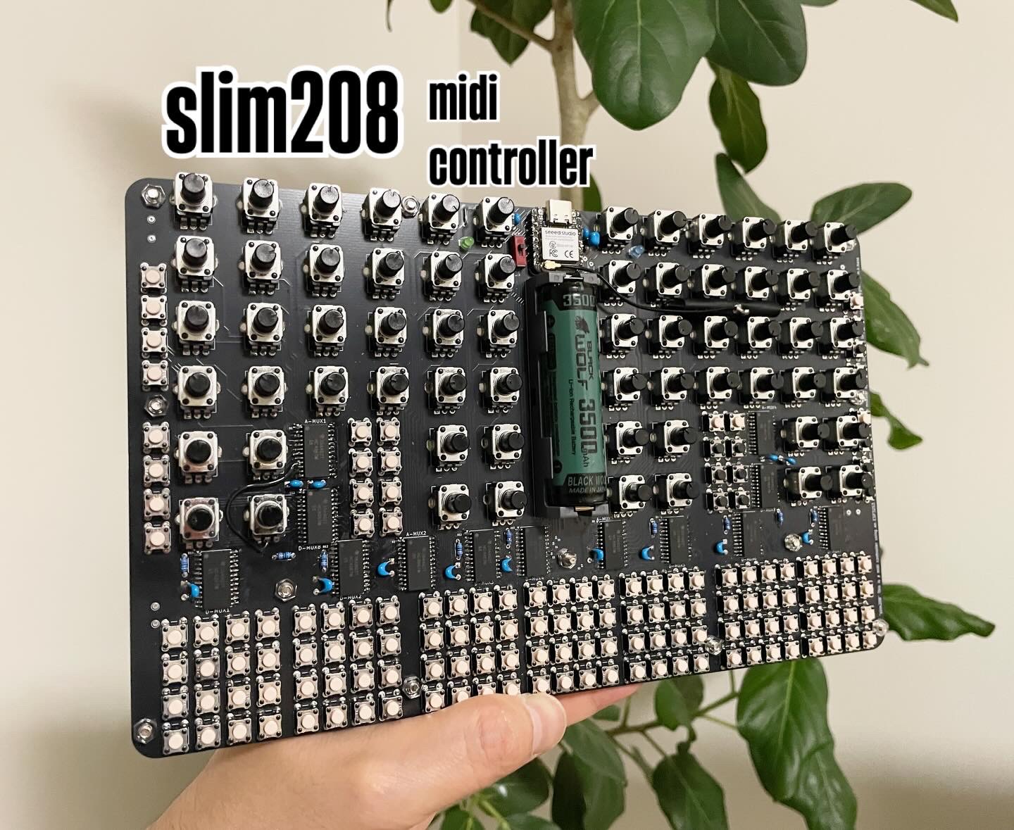 A hand holds a slim208 midi controller, a black circuit board with numerous buttons and switches, in front of leafy green plants. The device label is displayed in bold text above the board.