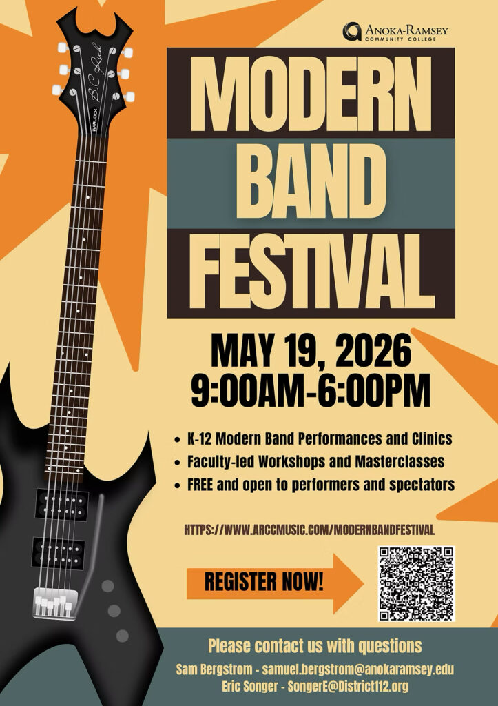 Poster for the Modern Band Festival featuring a black electric guitar, event date May 19, 2026, 9 AM–6 PM. Includes details about performances, workshops, free entry, and registration info with contact emails.