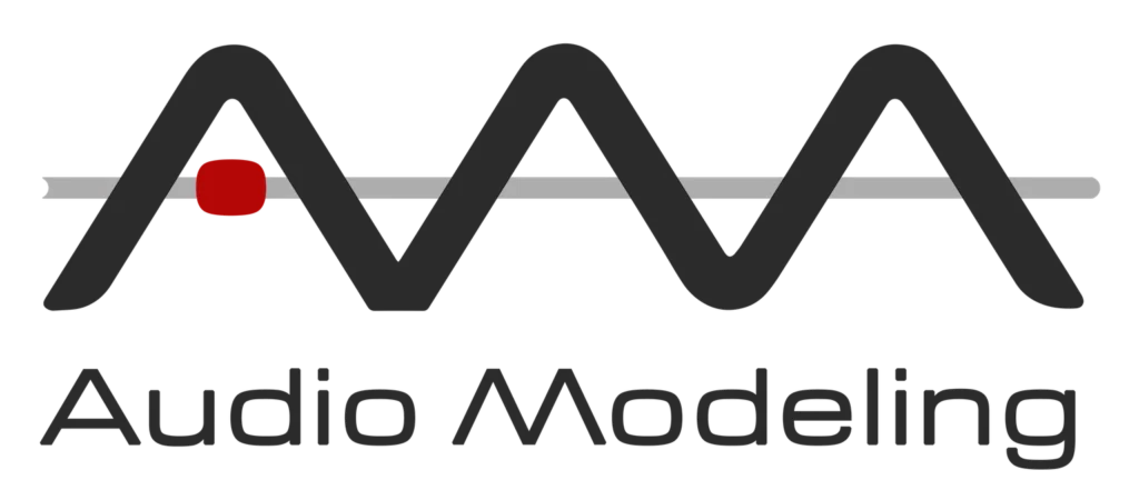 Logo for Audio Modeling featuring two connected black A shapes resembling sound waves, a gray horizontal line passing through them, and a small red square on the left. Audio Modeling is written below in black text.