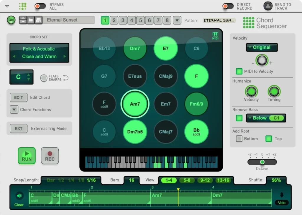 A music composition software interface shows chord pads with labels like Am7 and E7, a virtual keyboard below, and a timeline at the bottom displaying chord progressions and controls for editing patterns.
