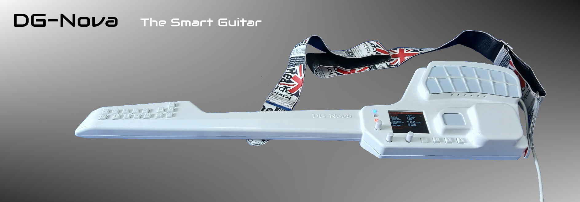A white smart guitar labeled DG-Nova with digital controls, display screen, button fretboard, and a strap with a Union Jack pattern, shown against a gray gradient background with the text DG-Nova The Smart Guitar.