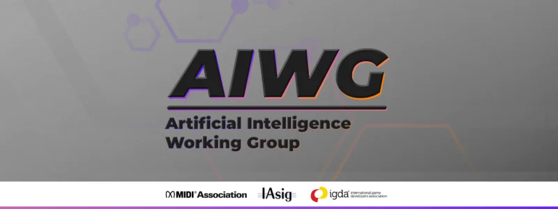 Logo for the Artificial Intelligence Working Group (AIWG) with the groups name in bold black and orange letters on a gray background, and partner logos along the bottom edge.