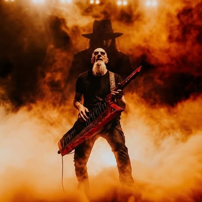 A musician with a long beard plays a red keytar on stage, surrounded by dramatic orange smoke and backlit by stage lights, with a shadowy figure visible in the background.
