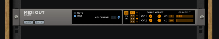 Rack-mounted MIDI Out device interface with controls for MIDI channel, mute, panic, CV settings, scale offset, and CC output. Orange and blue digital displays with buttons and dials are visible on a dark background.