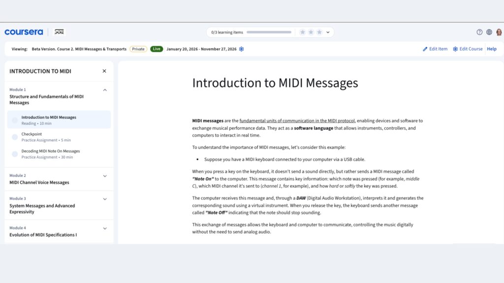 Screenshot of a Coursera course page titled Introduction to MIDI Messages. The page displays course navigation on the left and text explaining MIDI messages as a universal language for digital music devices.