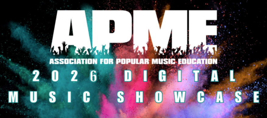 Logo for the Association for Popular Music Education (APME) with a crowd silhouette and colorful powder bursts, promoting the 2026 Digital Music Showcase.