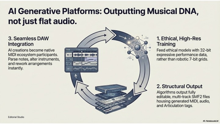 A circular diagram explains AI generative music platforms, highlighting ethical high-res training, structural output with MIDI files, and seamless DAW integration, with icons for each step and descriptive text on a light background.