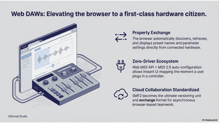 Illustration of a laptop displaying audio editing software, connected to a digital audio interface. Text highlights web DAWs features: property exchange, zero-driver ecosystem, and standardized cloud collaboration.