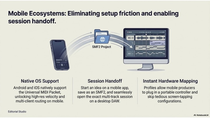 Infographic showing a phone, a computer, and arrows illustrating SMF2 Project session handoff. Text highlights Native OS Support, seamless Session Handoff, and Instant Hardware Mapping for mobile audio production.