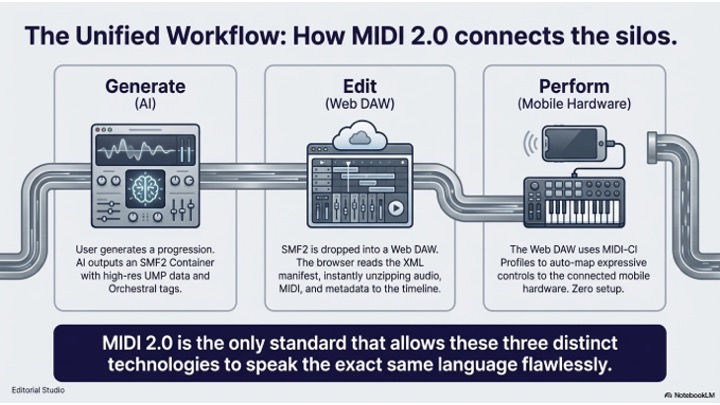 Diagram showing the MIDI 2.0 workflow: AI-generated music flows to a web DAW for editing, then to mobile hardware for performance. Text explains MIDI 2.0 connects AI, web DAW, and hardware using a common language.