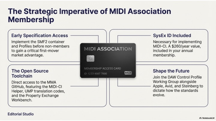 An infographic titled The Strategic Imperative of MIDI Association Membership lists four benefits around an image of a black membership card. Benefits include early access, SysEx ID, open source tools, and shaping MIDIs future.