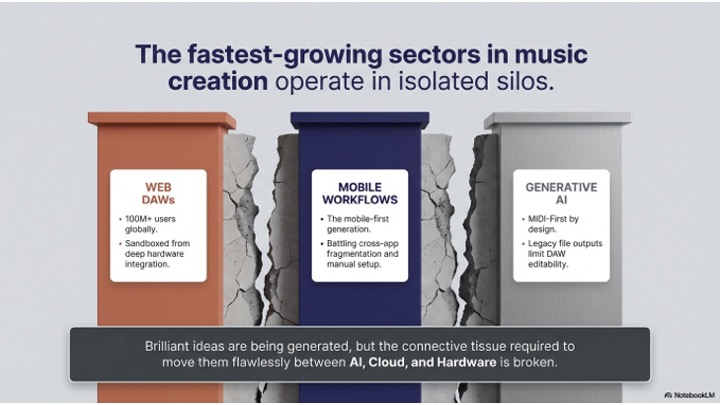 Three separate pillars labeled Web DAWs, Mobile Workflows, and Generative AI stand apart with cracks between them, illustrating isolated growth in music creation sectors and the lack of integration between technologies.