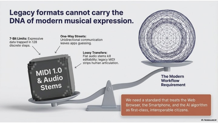 A seesaw balances an old MIDI chip and audio stems on one side against a modern, complex sphere on the other. Text explains MIDI 1.0’s legacy limits and calls for modern, interoperable music data standards.