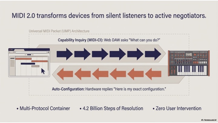 Diagram showing a web DAW sending arrows to a MIDI device, labeled “What can you do?”, with arrows returning, labeled “Here is my exact configuration,” illustrating MIDI 2.0 communication. Text highlights multi-protocol and high resolution.