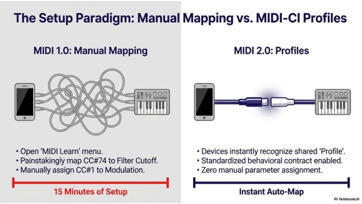 Comparison of MIDI 1.0 manual mapping, requiring manual setup and assignment, versus MIDI 2.0 profiles, which allow instant auto-mapping and standardized device recognition for faster setup.