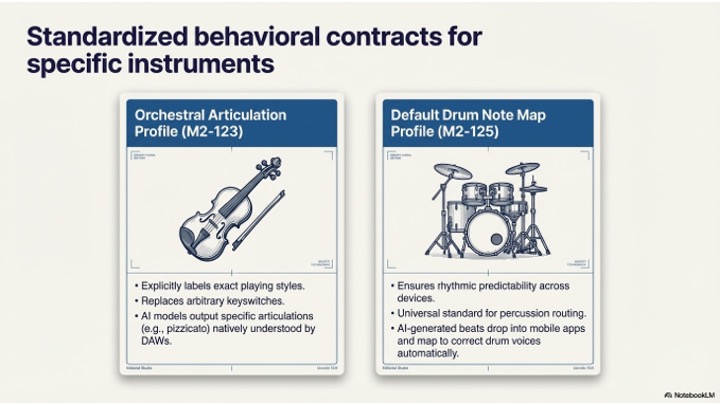A slide titled Standardized behavioral contracts for specific instruments shows two cards: one with a violin, labeled Orchestral Articulation Profile (M2-123), and one with a drum set, labeled Default Drum Note Map Profile (M2-125).