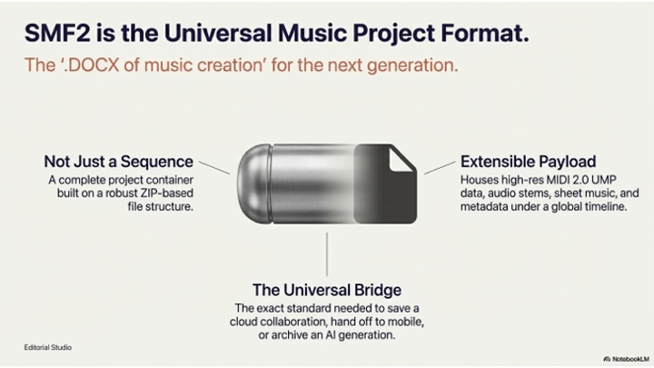 A graphic describes SMF2 as the Universal Music Project Format, likened to a USB drive, highlighting it as a robust, extensible container for MIDI, audio, stems, metadata, and easy collaboration.