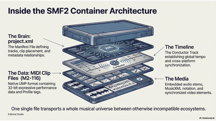 A layered diagram of a digital container shows four stacked components: The Brain (project.xml), The Data (MIDI Clip Files), The Timeline (Conductor Track), and The Media (audio stems), illustrating SMF2 container architecture.
