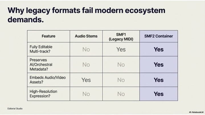 A comparison table showing features of Audio Stems, SMF1 (Legacy MIDI), and SMF2 Container, highlighting that only SMF2 Container supports all listed modern ecosystem needs.