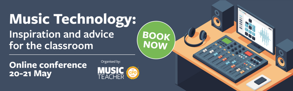Banner for a music technology online conference, featuring a digital audio workstation setup with headphones and speakers. Text reads: “Music Technology: Inspiration and advice for the classroom. Online conference 20–21 May. Book now.”.