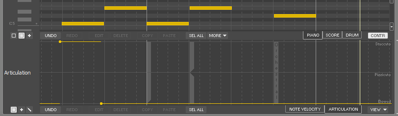 A digital music production interface displays a piano roll with yellow notes and an articulation control panel below, showing sliders and options for note velocity, articulation, and playback adjustments.