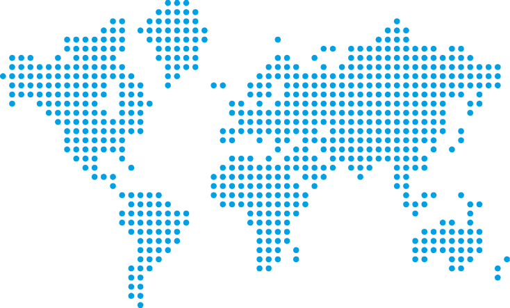A stylized world map is depicted using evenly spaced blue dots on a light gray background, representing the continents and major landmasses in a minimalist, abstract design.