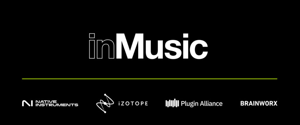 Logo for inMusic, with the word inMusic in large white text on a black background. Below, icons and names for Native Instruments, iZotope, Plugin Alliance, and Brainworx are displayed.