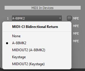 Dropdown menu for MIDI In Devices selection, showing options for MIDI-CI Bidirectional Return, including None, A-88MK2, MIDIOUT2 (A-88MK2), Keystage, and MIDIOUT2 (Keystage).