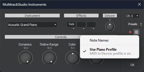 A software window titled MultitrackStudio Instruments shows settings for an acoustic grand piano, verb effect, and controls for dynamics, timbre range, and color. A menu offers note name and piano profile options.
