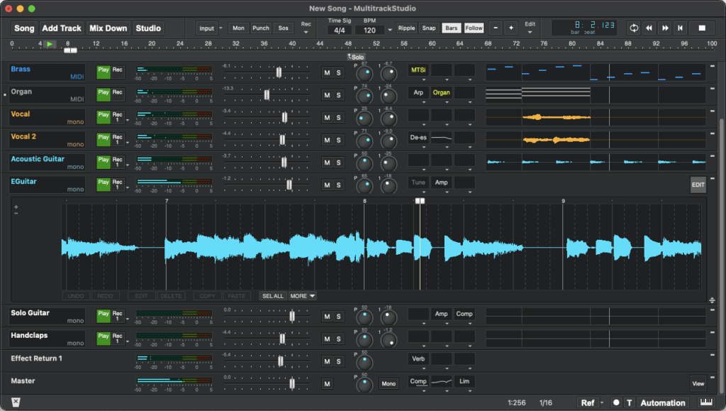 A digital audio workstation interface displays multiple tracks, waveforms, sliders, and controls for adjusting audio levels, effects, and automation. Various instrument and vocal tracks are visible, with editing options on a dark-themed layout.