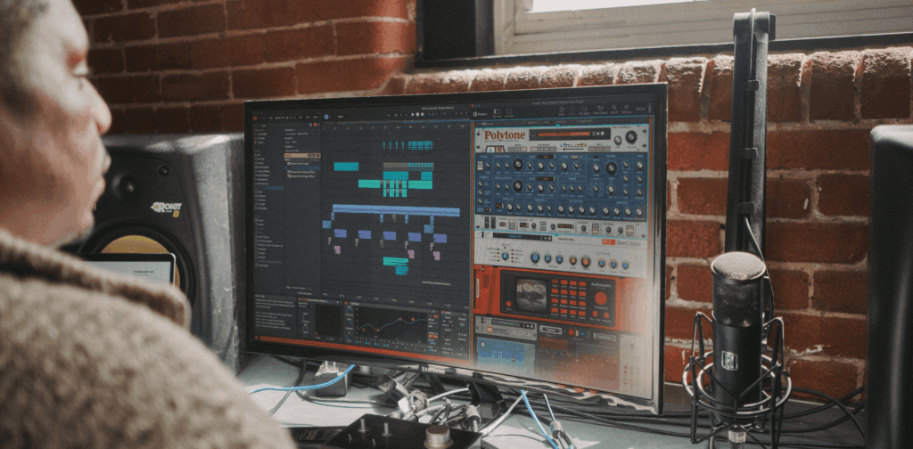 A person sits at a desk in front of a computer monitor displaying music production software, with audio tracks and virtual instruments. A microphone and speaker are also visible on the desk, set against a brick wall.