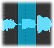 A digital audio waveform with light blue peaks and valleys, displayed on a dark background. A central section is highlighted with a semi-transparent blue rectangle bordered by dashed lines.