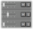 Three horizontal audio mixer sliders with M (mute) and S (solo) buttons next to each slider on a gray background.