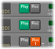 Screenshot of a digital audio workstation showing three tracks. Each has green Play buttons and gray Rec buttons, except the bottom track, where the Rec 1 button is highlighted in orange.