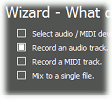 A section of a software wizard showing four options with checkboxes: Select audio / MIDI device, Record an audio track (checked), Record a MIDI track, and Mix to a single file.