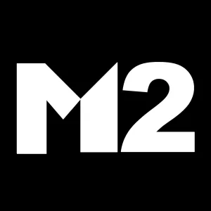 White M2 text on a solid black background, with the left side of the M designed to form a sharp, triangular shape that also outlines the left side of the 2.